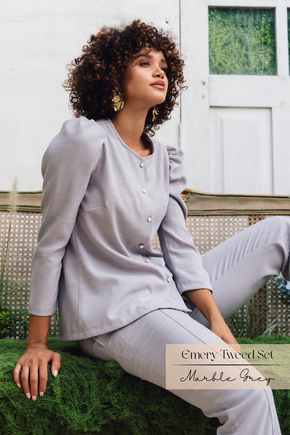 Emery Tweed Pants Set: Marble Grey