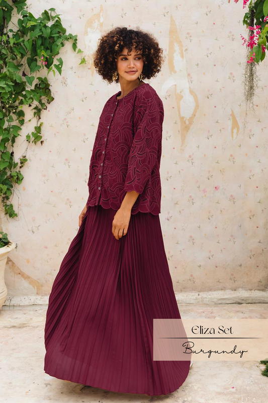 Eliza Pleats Skirt Set: Burgundy