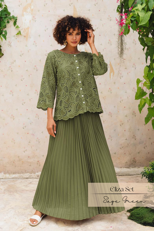 Eliza Pleats Skirt Set: Sage Green