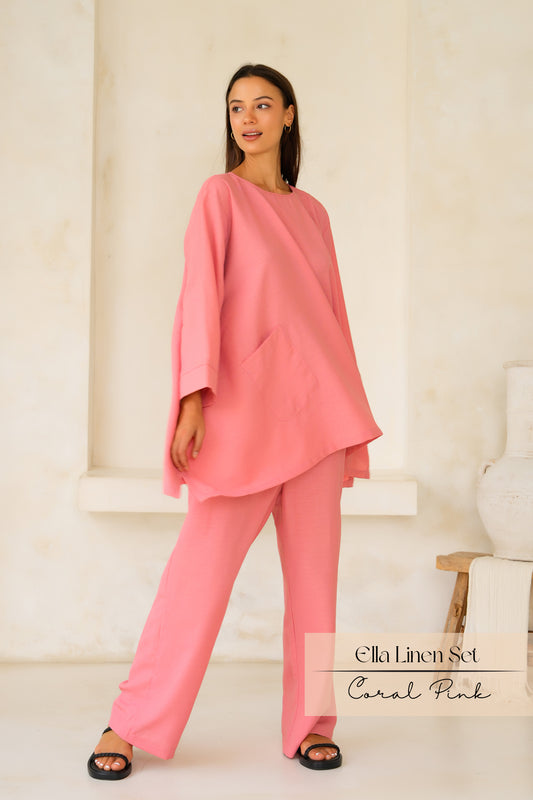 Ella Linen Set: Coral Pink