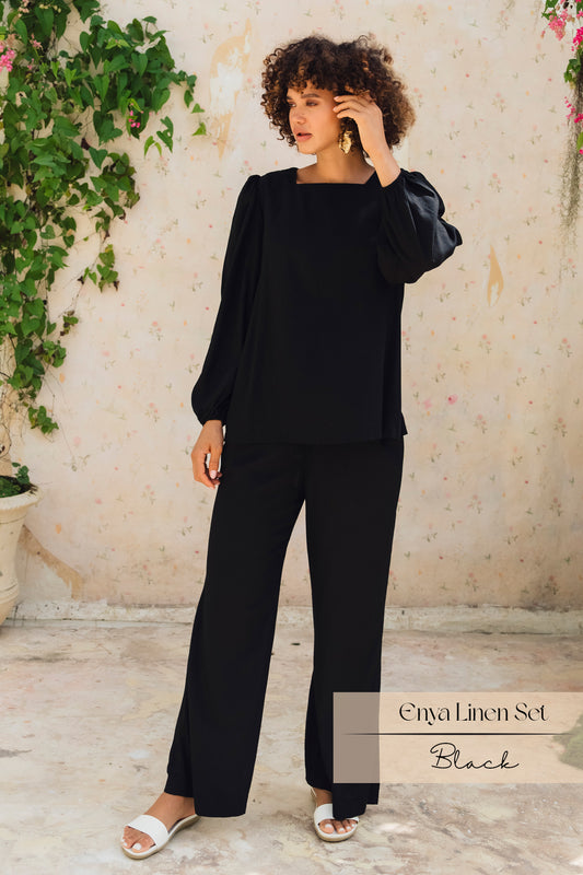 Enya Linen Pants Set: Black